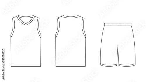 Sleeveless sports tshirt and shorts template. Front and back view unisex clothing pattern for outdoor activities and basketball practice. Casual stylish simple vector cotton textile