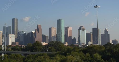 This video is about an aerial of buildings in downtown Houston and surrounding landscape photo