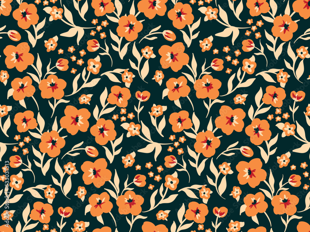 Seamless floral pattern, liberty ditsy print with autumn, winter motifs. Romantic botanical arrangement of small hand drawn wild plants: yellow flowers, leaves, branches on a dark background. Vector.