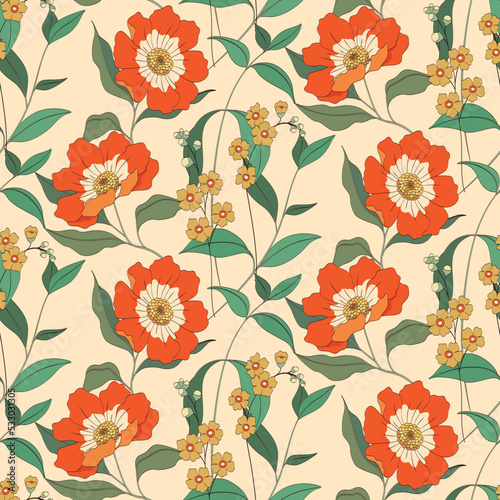 Seamless pattern, romantic vintage floral print with large wild plants on a light background. Beautiful botanical design with orange flowers, leaves, herbs in art nouveau style. Vector illustration.