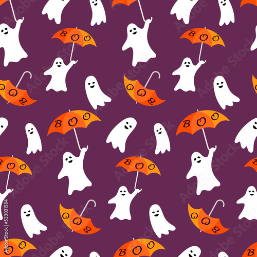 Seamless Halloween pattern of cute funny cartoon ghosts dancing with orange umbrellas on a purple background. Spooky background for Halloween celebration, textiles, wallpapers, wrapping paper.