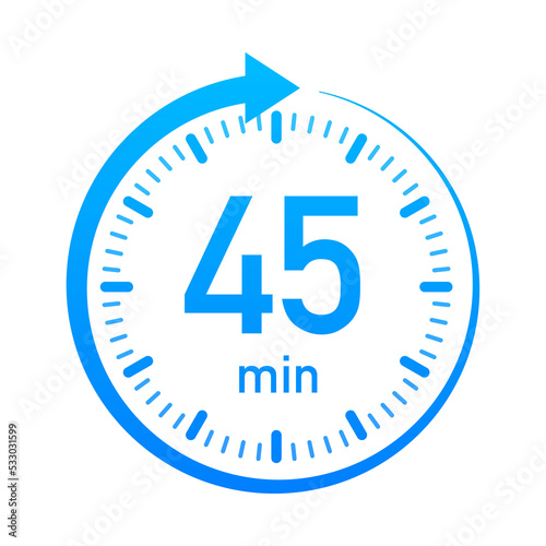 The 45 minutes, stopwatch  icon. Stopwatch icon in flat style, timer on on color background.  illustration.