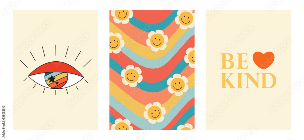 Set of colorful groovy posters in 70s and 60s hippy art style. Psychedelic eye of providence, daisy flowers and positive phrase illustrations for prints and cards. Vintage nostalgia vector postcards