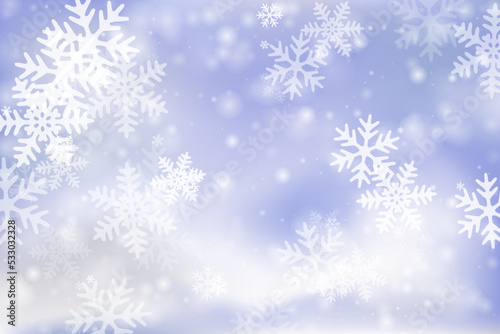 Simple heavy snow flakes background. Snowstorm dust frozen granules. Snowfall sky white blue composition. Bokeh snowflakes christmas texture. Snow hurricane scenery. © SunwArt