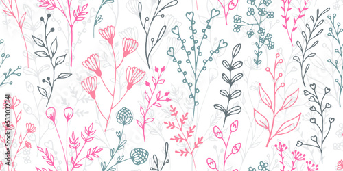 Field flower branches hand drawn vector seamless pattern. Gentle floral graph...