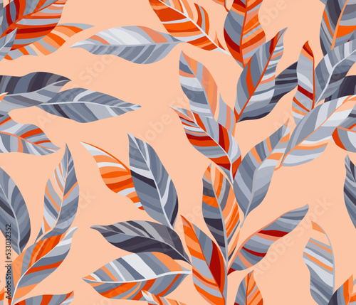 Striped leaves tree branches vector seamless pattern summer fasion textile pr...