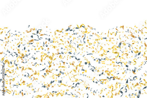 Silver gold falling confetti vector background. Party shiny striking decor.