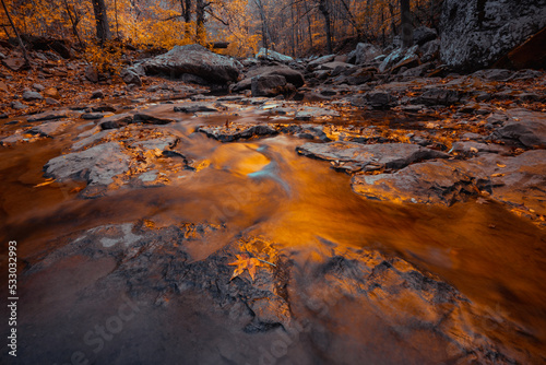 Richland creek Arkansas Ozark Mountain creek during Fall with fallen autumn leaves and sunset forest reflection. 