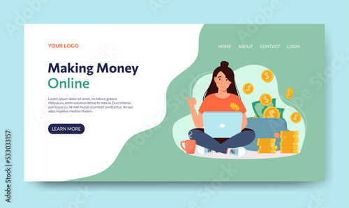 Woman earning money on the Internet. Vector banner in flat style. Freelancer wirh laptop, from which gold coins are pouring into a wallet with dollars. Rich girl works at home. Isolated background