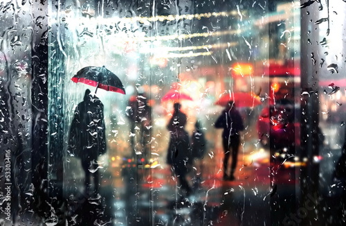 Fototapeta Naklejka Na Ścianę i Meble -   rain drops on window evening rainy city ,people walk with umbrellas blurred light urban city weather forecast background