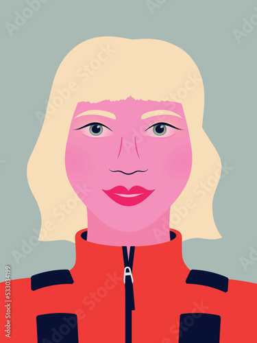 Close-up frontal portrait of young female paramedic, EMT or first aid worker wearing red jacket