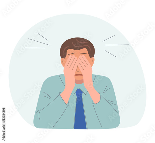 Man in horror, panic, fear. Upset guy in shock. Vector illustration of a young man covering his face with his hands. Isolated on a gray background. flat style.