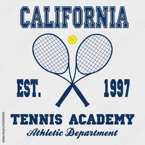 Tennis sports apparel with racket and ball. Typography emblem for t-shirt. Design for athletic clothes print