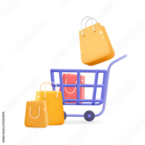 Shopping cart with gift paper bags icons template web banner. Realistic render 3d vector illustration. Online shopping, digital marketing, delivery, online store concept.