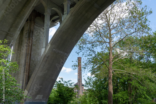 Blackstone River Valley National Historic Park. Ashton Mill and Ashton Viaduct in Cumberland, Rhode Island. Former cotton mill now apartments. Example of a Rhode Island System mill village.