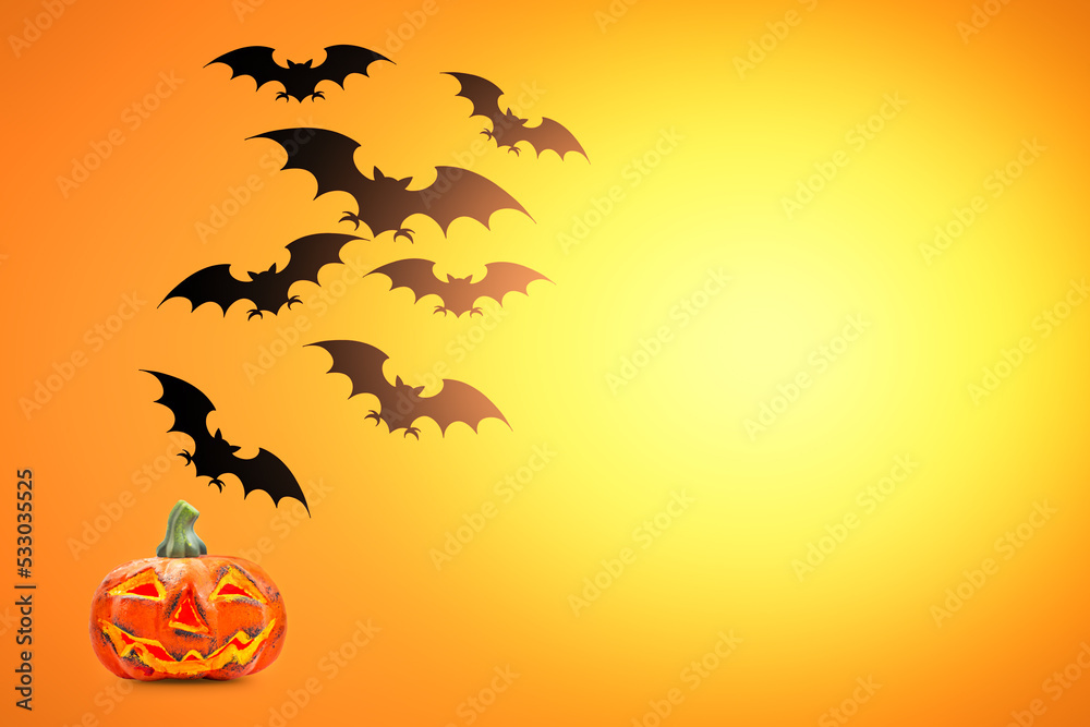 Composition of pumpkins and bats. Happy Halloween