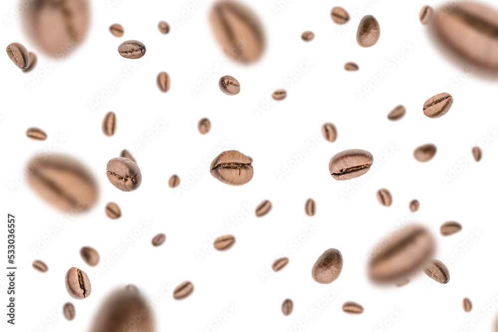 Coffee beans fall background. Black espresso coffee bean falling. Aromatic grain flying isolated on white. Concept for coffee product advertising. Coffee beans fall background. Black espresso coffee bean falling. Aromatic grain flying isolated on white. Concept for coffee product advertising.