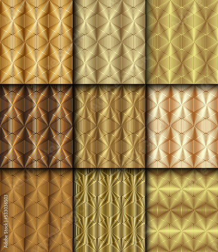 Set of seamless golden geometric patterns. Modern stylish texture. Repeating geometric background. Striped surfaces. Vector seamless pattern.