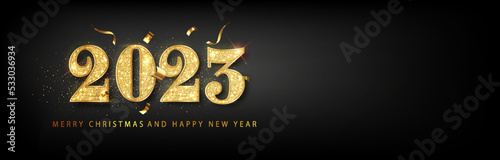 Happy new year 2023 banner. Golden Vector luxury text 2023 Happy new year. Gold Festive Numbers Design. Happy New Year Banner with 2023 Numbers.