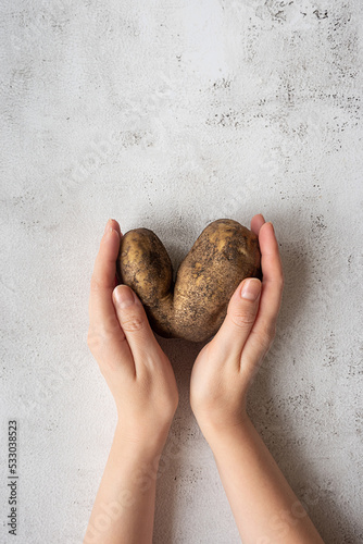 Heart-shaped potato in woman's hands on a gray background. Funny, ugly vegetable or food waste concept