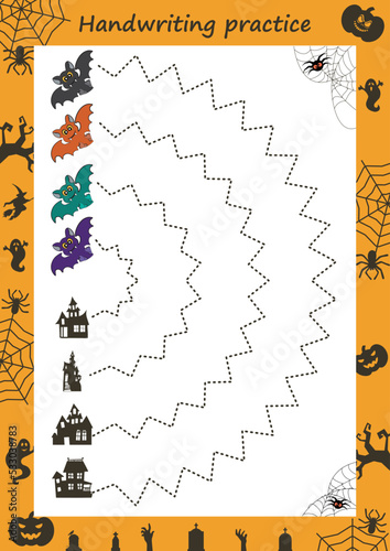 Educational worksheet for kids. Handwriting practice. Spider and his web. Trace the lines. Printable for halloween.