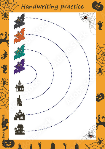 Educational worksheet for kids. Handwriting practice. Spider and his web. Trace the lines. Printable for halloween.