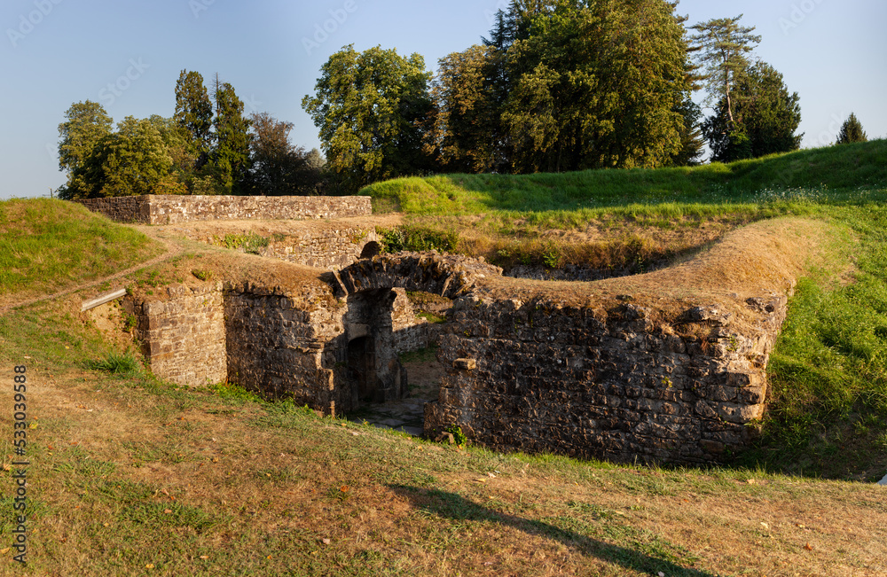 Remains of the moat and ramparts by the town wall of Navarrenx