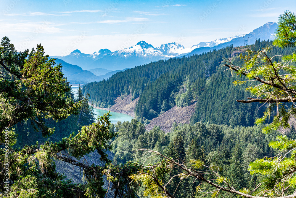 View on British Columbia mountains and lake from Brandywine Falls viewpoint