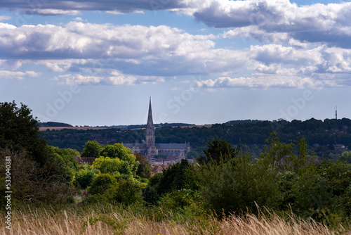 View of the spire of Salisbury cathedral from Castle Hill Country Park, Wiltshire, England © veronique