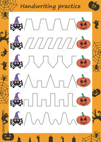 Educational worksheet for kids. Handwriting practice. Spider and his web. Trace the lines. Printable for halloween.