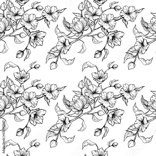 Painted flowers. Silhouette. Seamless floral vector pattern. Autumn. Drawn flower branch. Spring. Home textiles. White background. ink. Sketch.