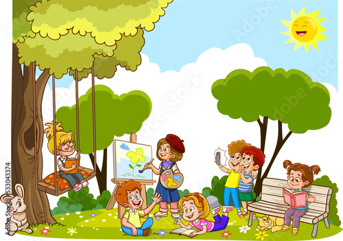Vector Illustration Of Funny Kids Playing Outside