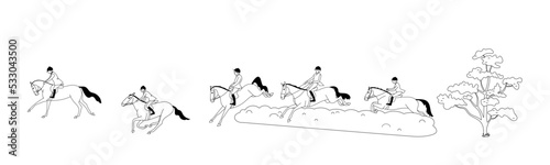 Group of riders during a horse hunting, simple, black and white, vector illustration