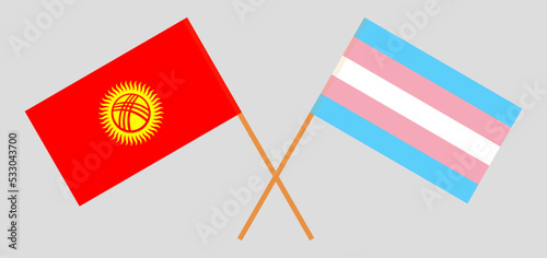 Crossed flags of Kyrgyzstan and Transgender Pride. Official colors. Correct proportion