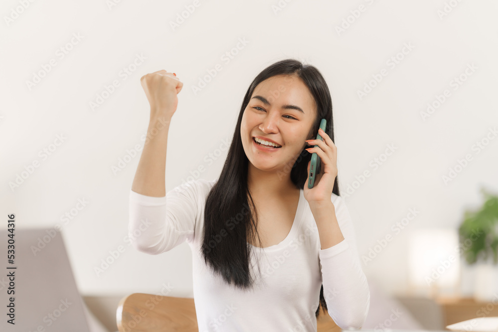 Calm single young asian woman relax at work home office.