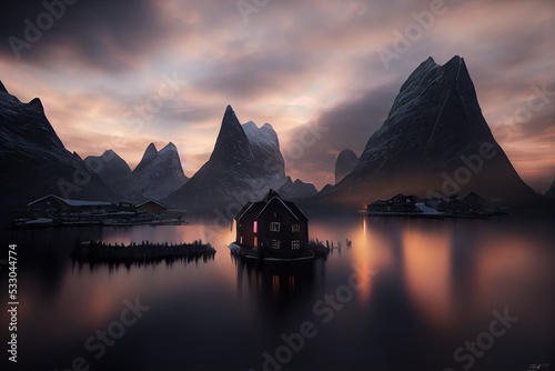 This is a 3D illustration of Reine in Norway. photo