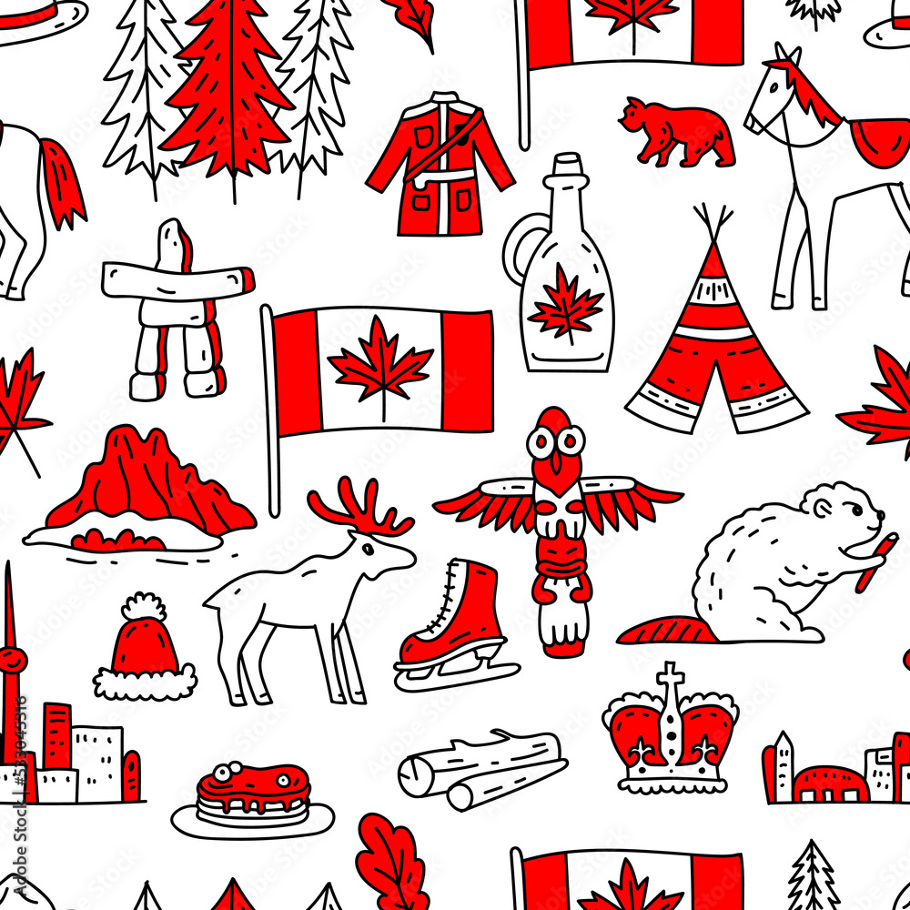 Vector seamless pattern on the theme of Canada. Pattern with colored symbols. Background for use in design, web site, packing, textile, fabric. Canada bright design.
