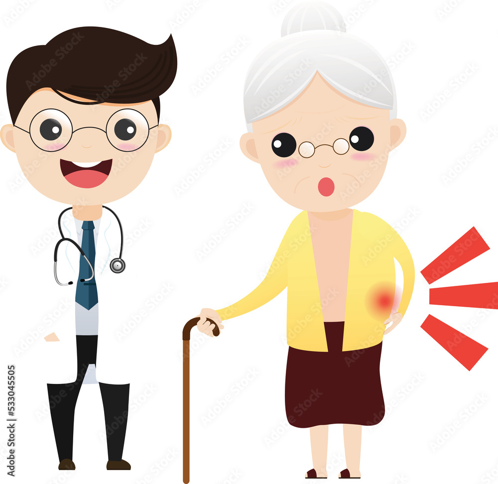 Caring for the elderly. Doctor talking with elderly patient about her symptoms. Old woman with osteoporosis. Caring for the elderly. Doctor talking with elderly patient about her symptoms. Old woman with osteoporosis.