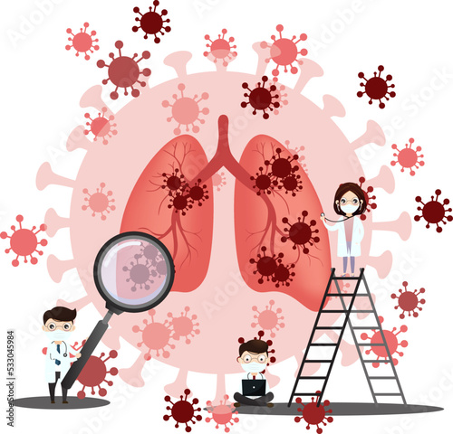 Coronavirus COVID-19. Doctor talks about virus. Infected lungs. Doctor and vaccine and virus.