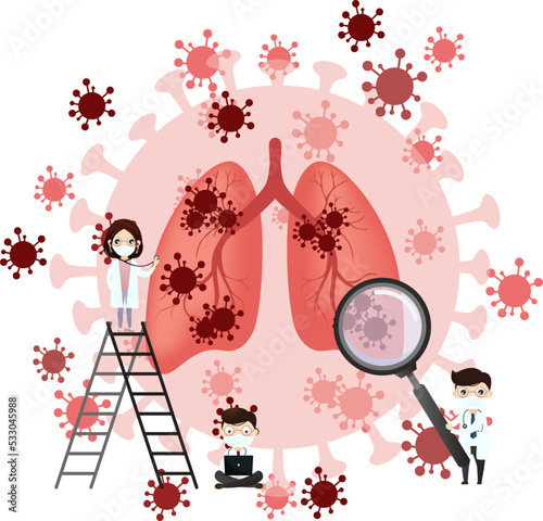 Coronavirus COVID-19. Doctor talks about virus. Infected lungs. Doctor and vaccine and virus.