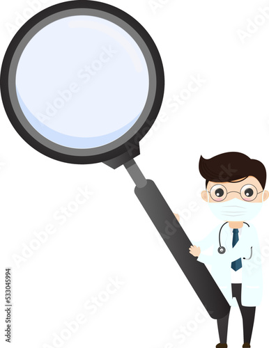 Healthy Doctor looking through magnifying glass scanning covid-19 corona virus. 