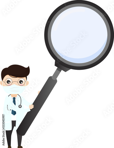 Healthy Doctor looking through magnifying glass scanning covid-19 corona virus. 