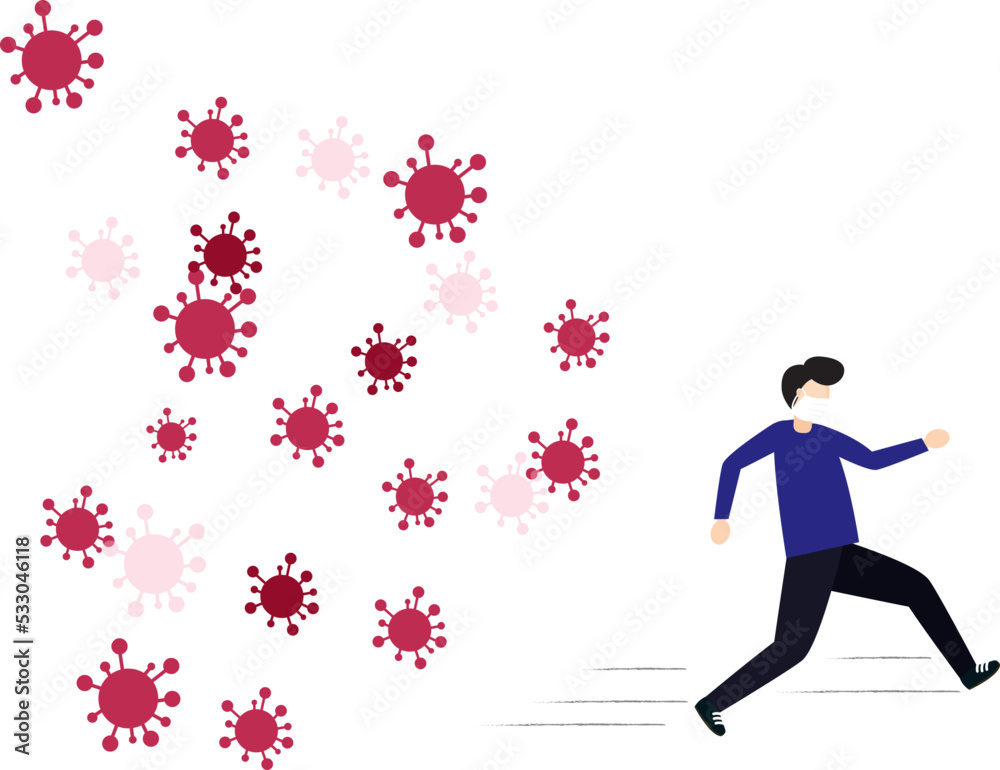 Concept of the threat of spreading coronavirus infection 2019-nCoV. Man running away from viruses and contagious diseases. Concept of the threat of spreading coronavirus infection 2019-nCoV. Man running away from viruses and contagious diseases.