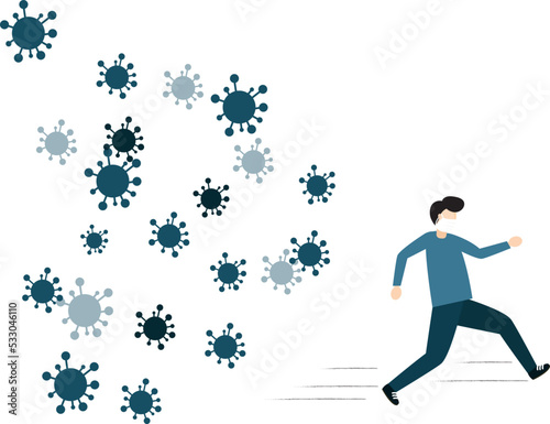 Concept of the threat of spreading coronavirus infection 2019-nCoV. Man running away from viruses and contagious diseases.