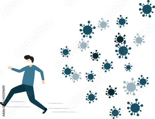 Concept of the threat of spreading coronavirus infection 2019-nCoV. Man running away from viruses and contagious diseases.