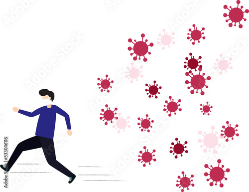 Concept of the threat of spreading coronavirus infection 2019-nCoV. Man running away from viruses and contagious diseases.