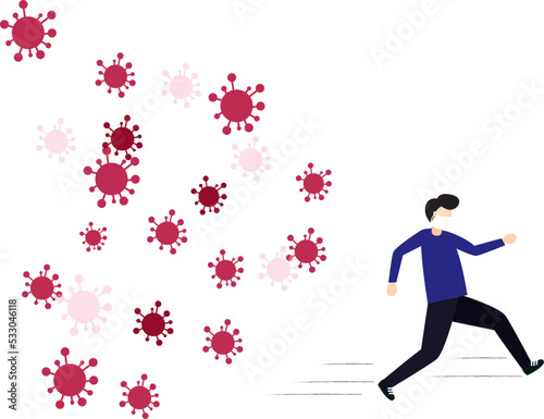 Concept of the threat of spreading coronavirus infection 2019-nCoV. Man running away from viruses and contagious diseases.