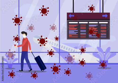 Travelers with baggage wearing masks to prevent coronavirus covid-19. People wearing face mask with suitcases Customer check in Service counter Airport Covid-19