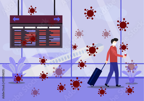Travelers with baggage wearing masks to prevent coronavirus covid-19. People wearing face mask with suitcases Customer check in Service counter Airport Covid-19