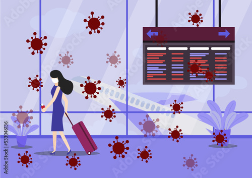 Travelers with baggage wearing masks to prevent coronavirus covid-19. People wearing face mask with suitcases Customer check in Service counter Airport Covid-19